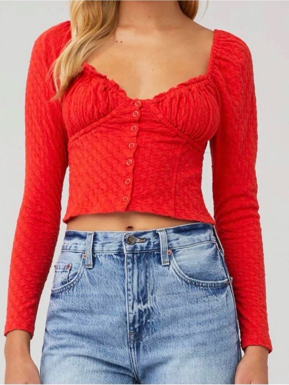 Free People Red Long-Sleeve Button Front Women’s Top